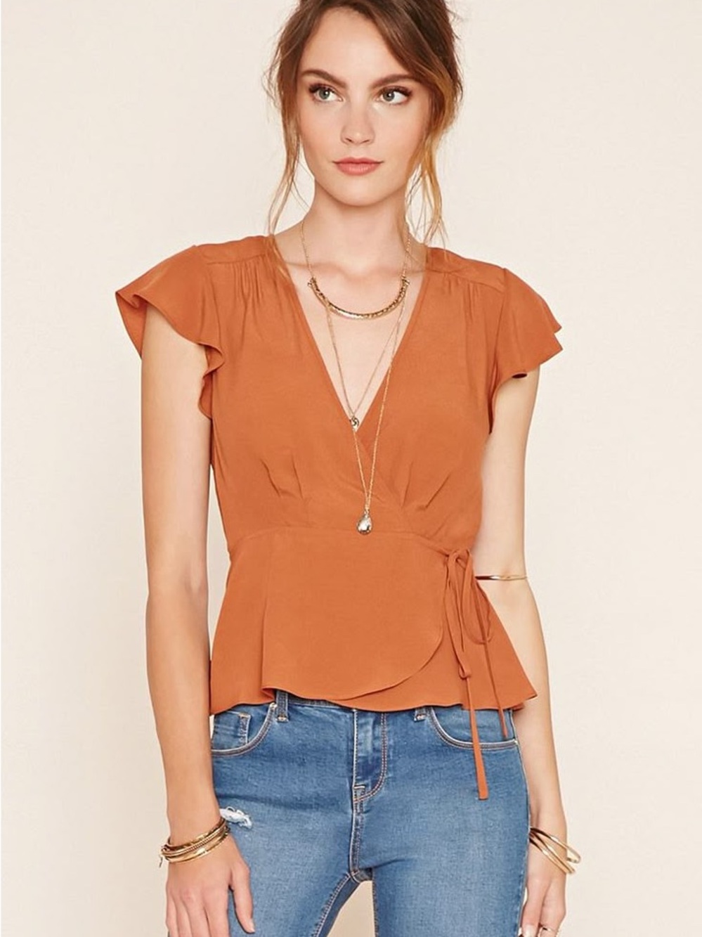 Forever 21 Retro 70s Rust Wrap Tie Flutter Sleeve Peplum Top S/M